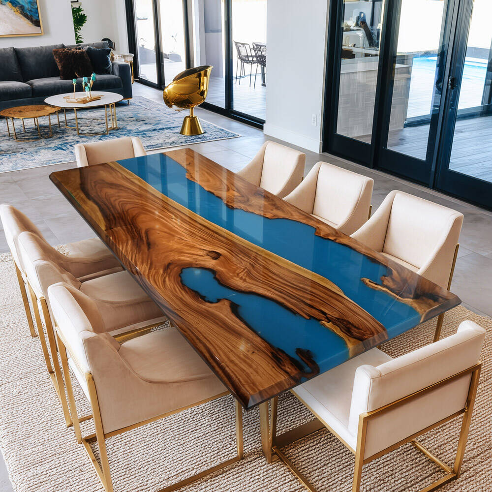 KAZANAHOME Walnut Wood Blue Resin Epoxy Table 48"W×96"L
