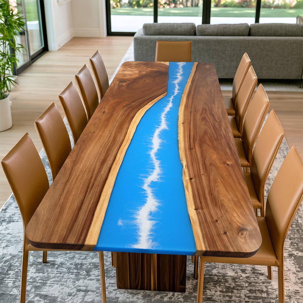 Walnut Blue White-Strip River Epoxy Table-Full Glossy-Round Corner 48"W×108"L