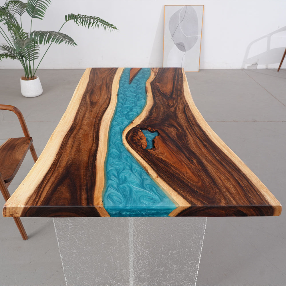 KAZANAHOME Walnut Peacock Blue River Epoxy Table