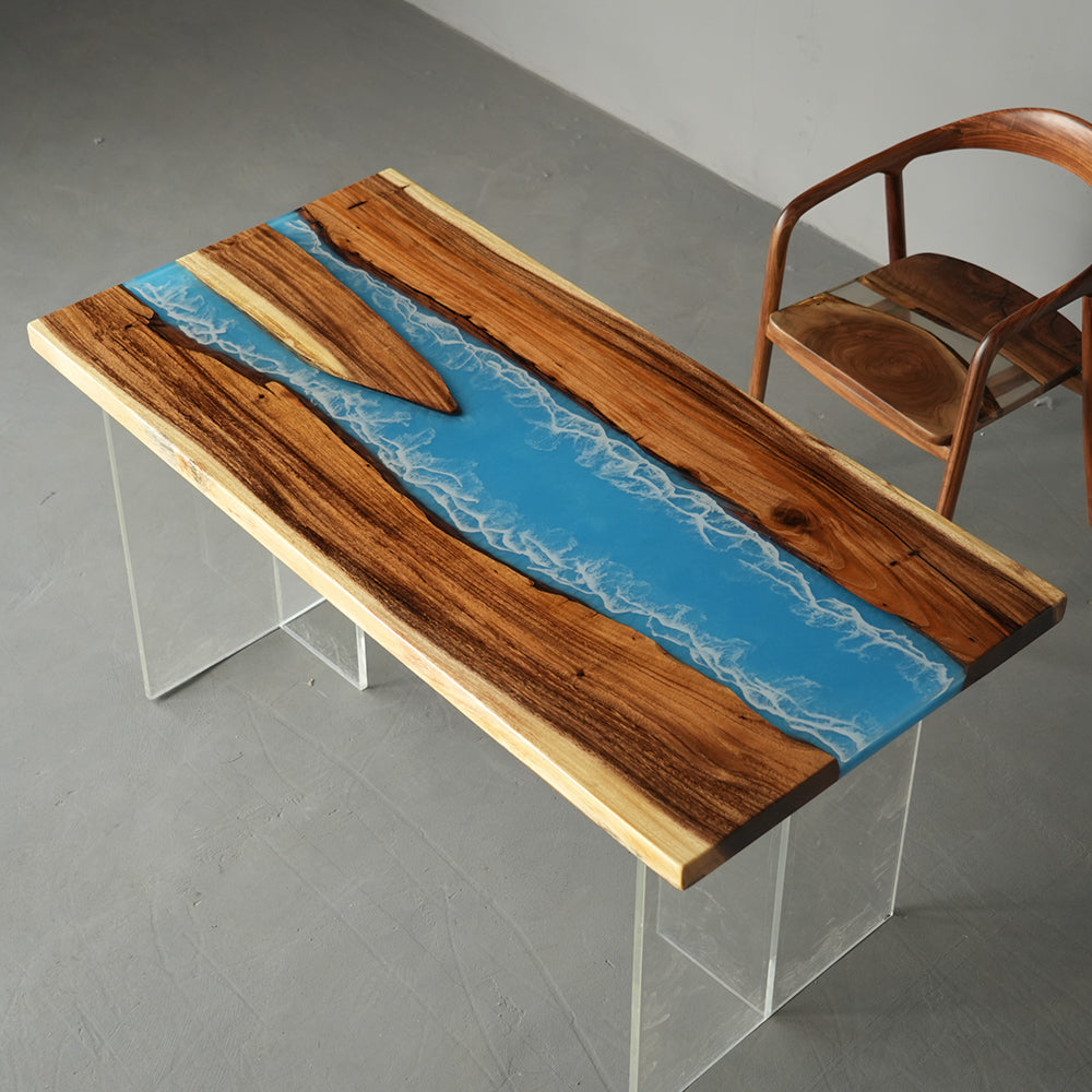 KAZANAHOME Walnut Seablue River Resin Epoxy Table