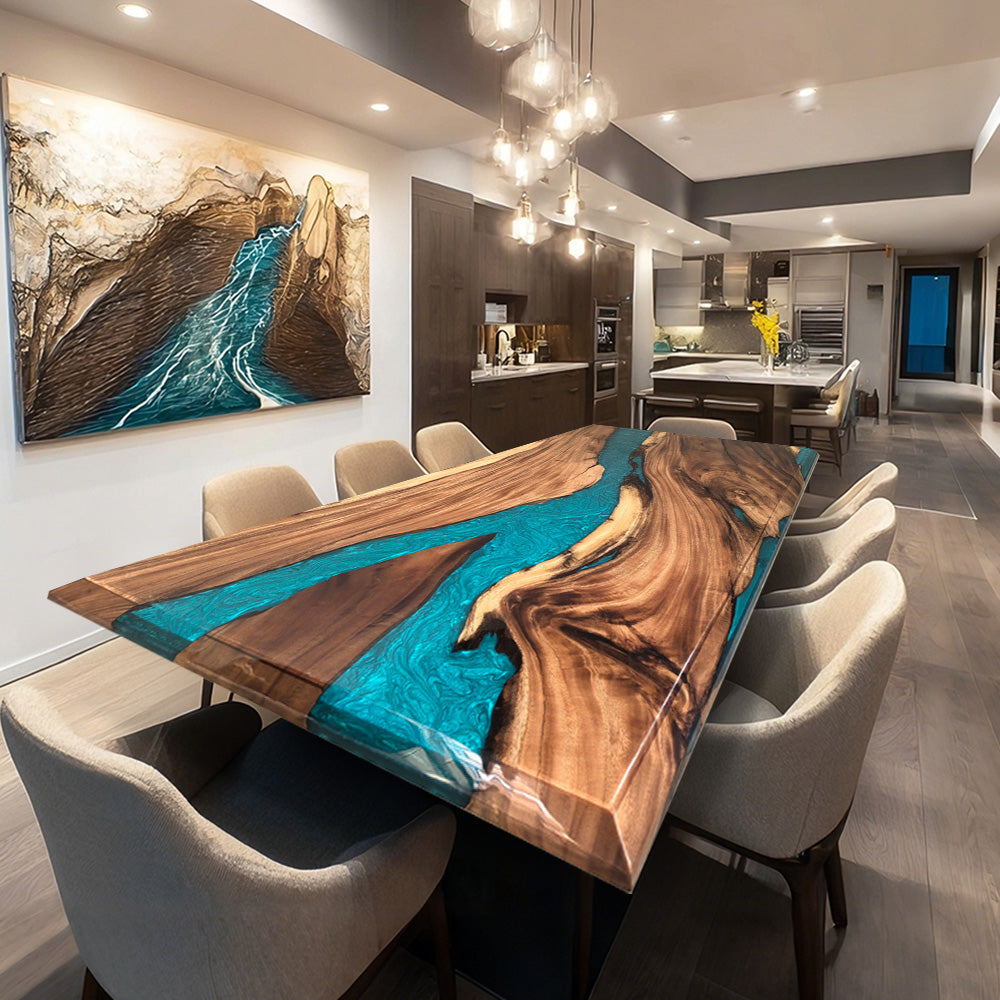 Walnut Wood Peacock Blue River Epoxy Table 36"W×72"L in Los Angeles