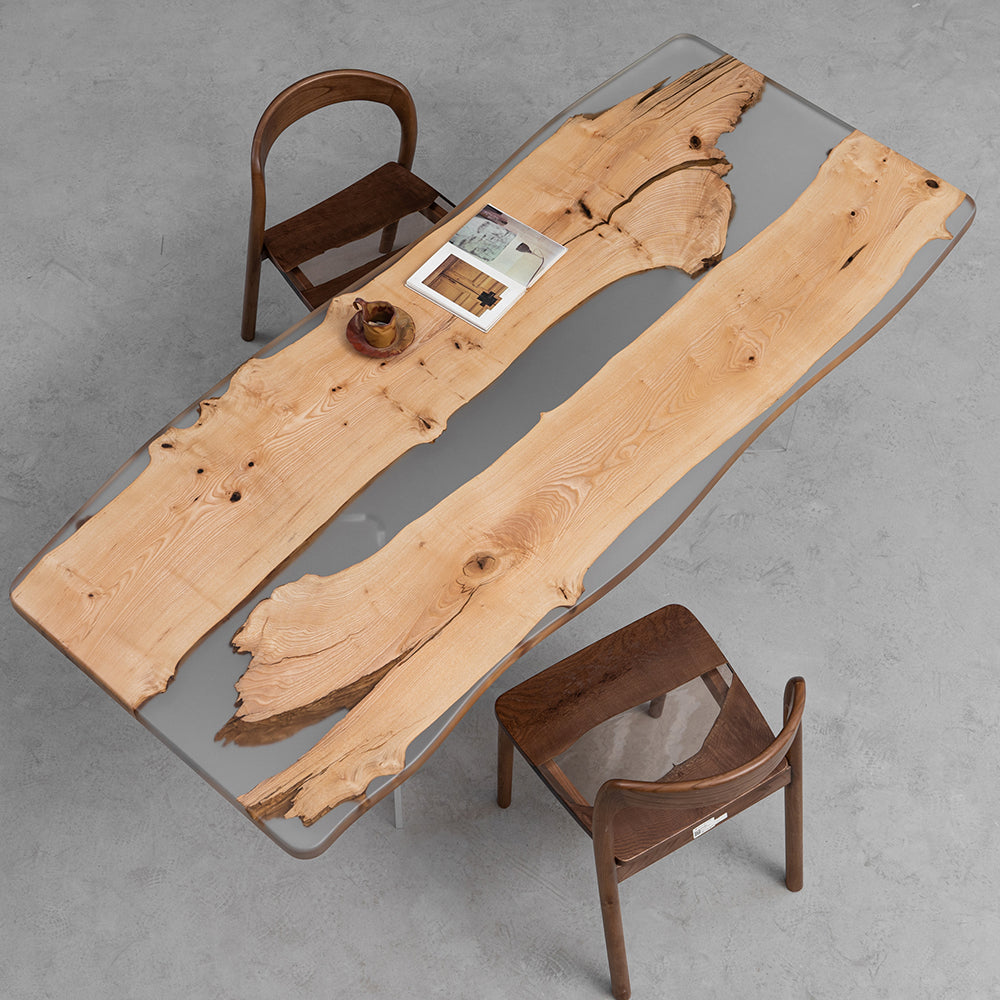 KAZANA Ash Wood Live Edge Clear Epoxy Resin Table
