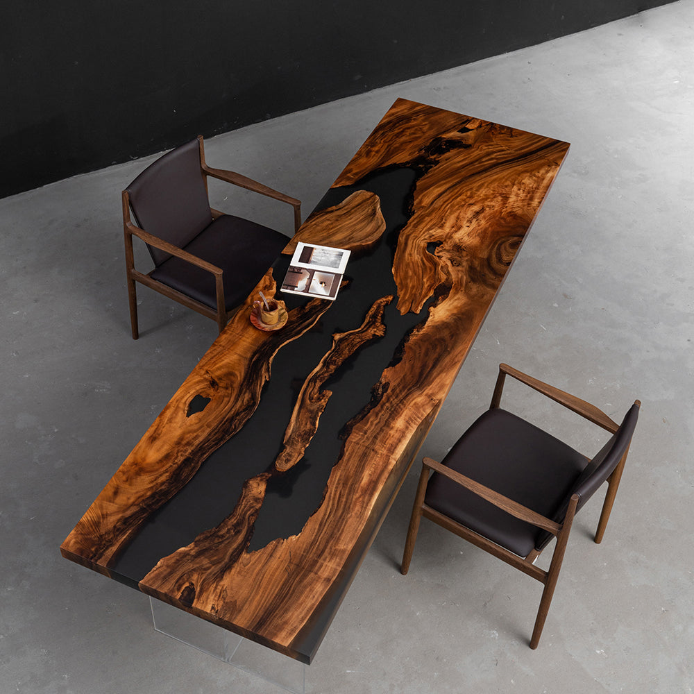 KAZANA Walnut Wood Black Epoxy Resin Slab Table