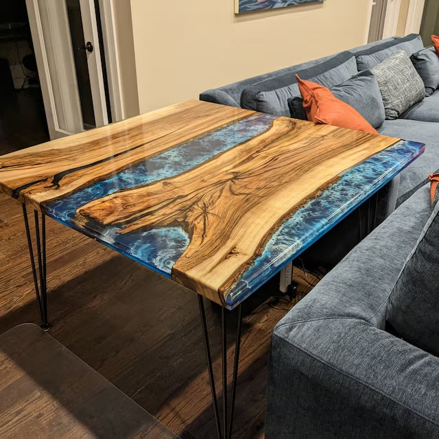 Custom Epoxy Table Square Ocean Wood QCT4