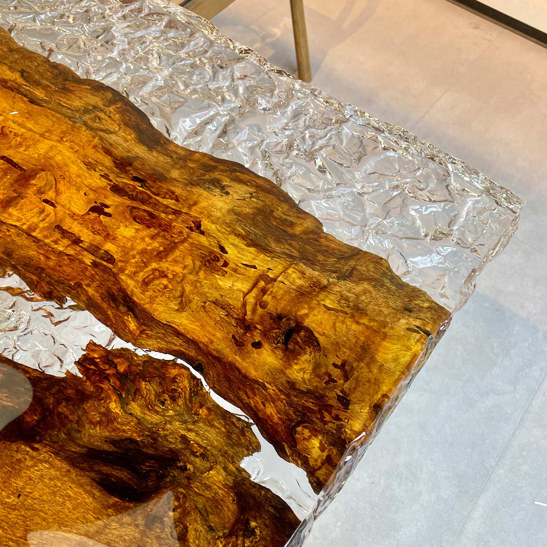 Golden Camphor Wood And Epoxy River Dining Table - Kazanahome