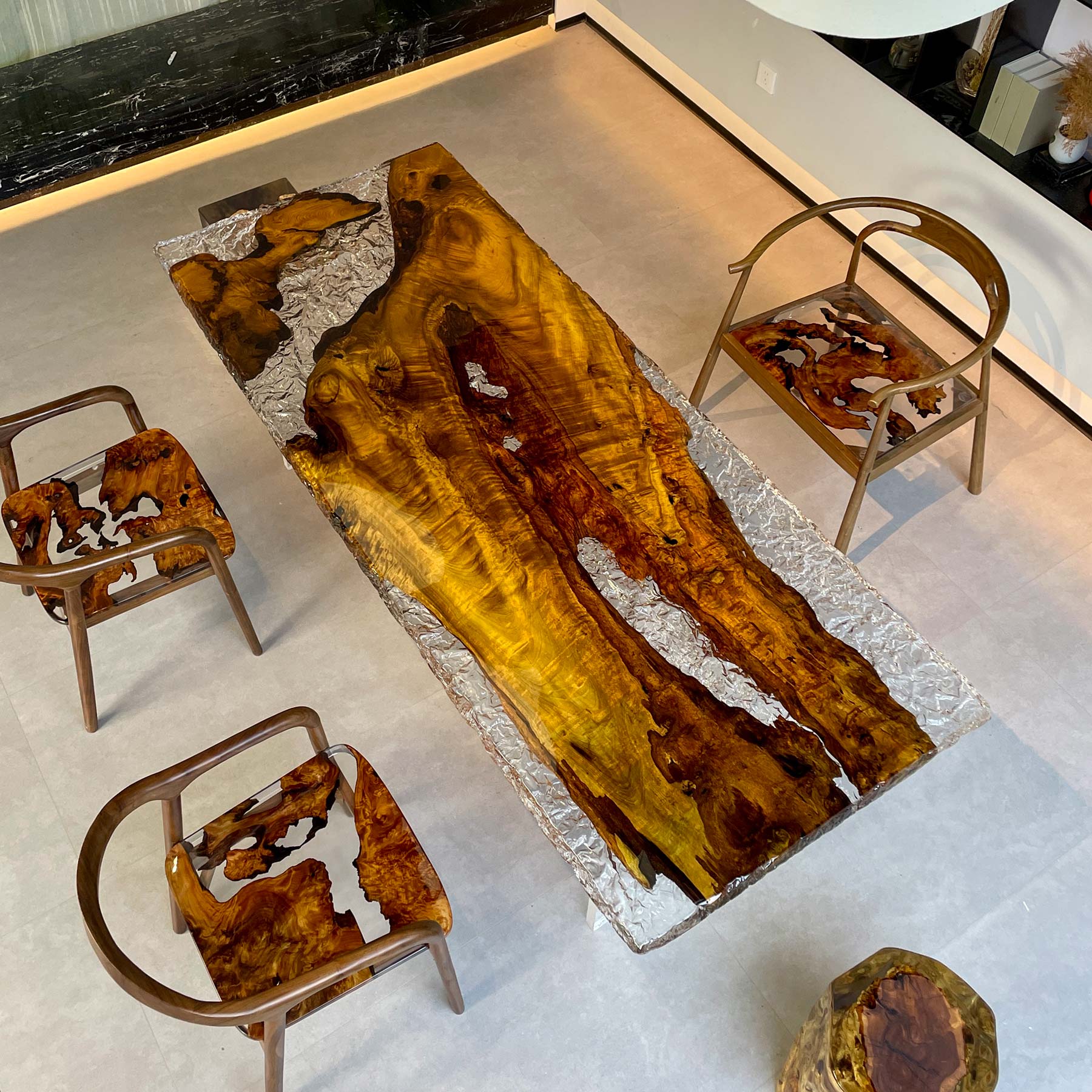Epoxy Resin Golden Camphor Wood Dining Table - Kazanahome