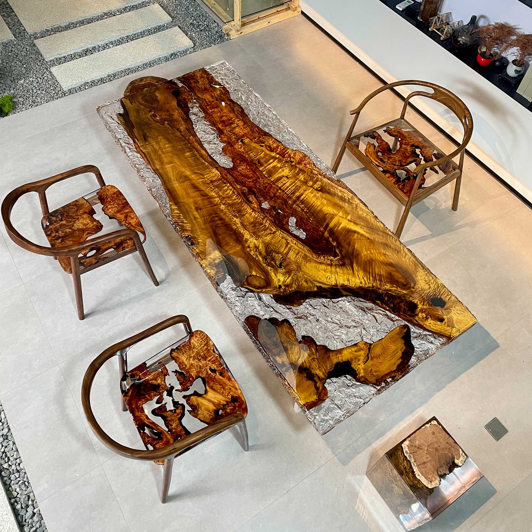 Golden Camphor Wood And Epoxy Resin Dining Tabletop - Kazanahome in San Francisco