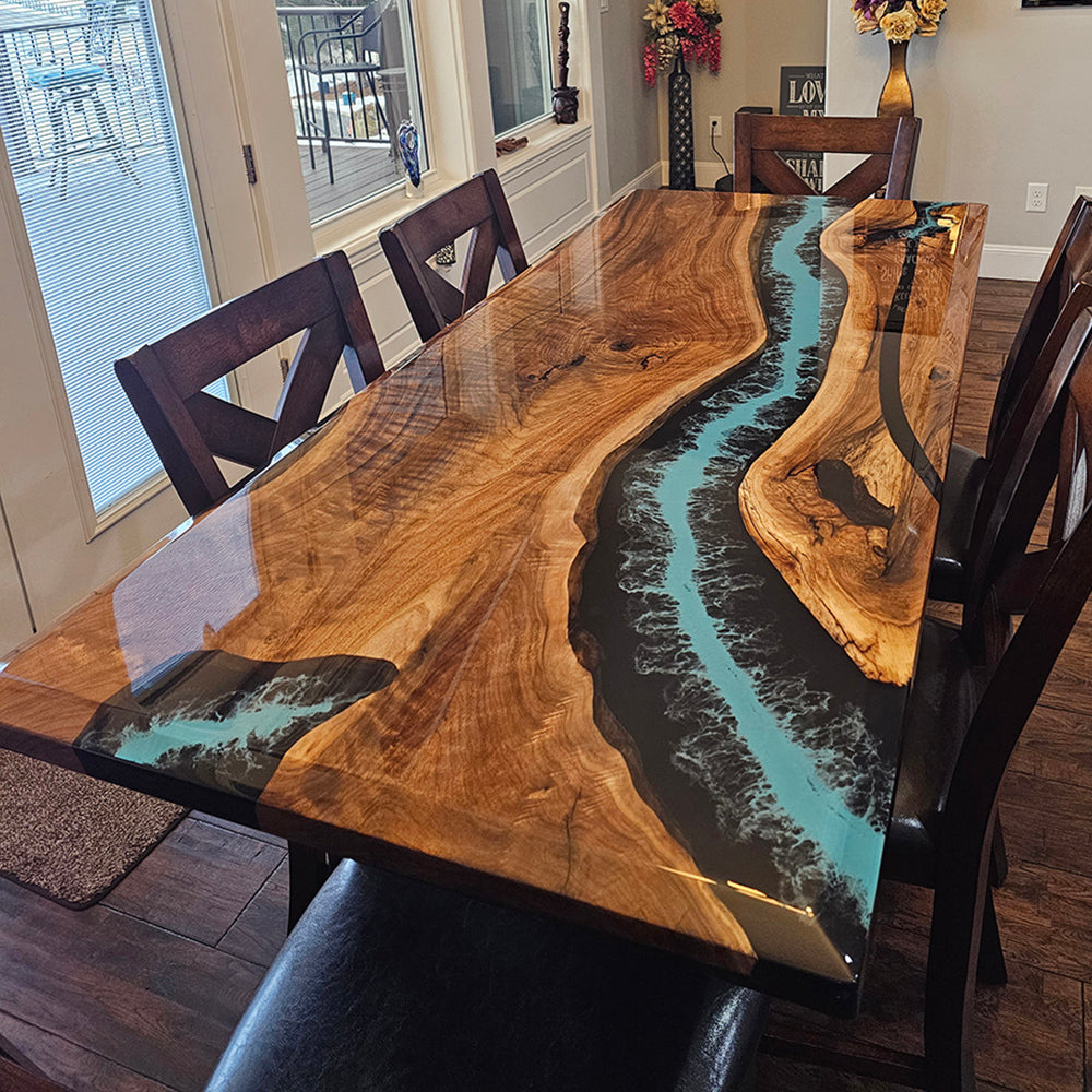 Custom Black Walnut Wood Black Blue River Resin Epoxy Table in Miami