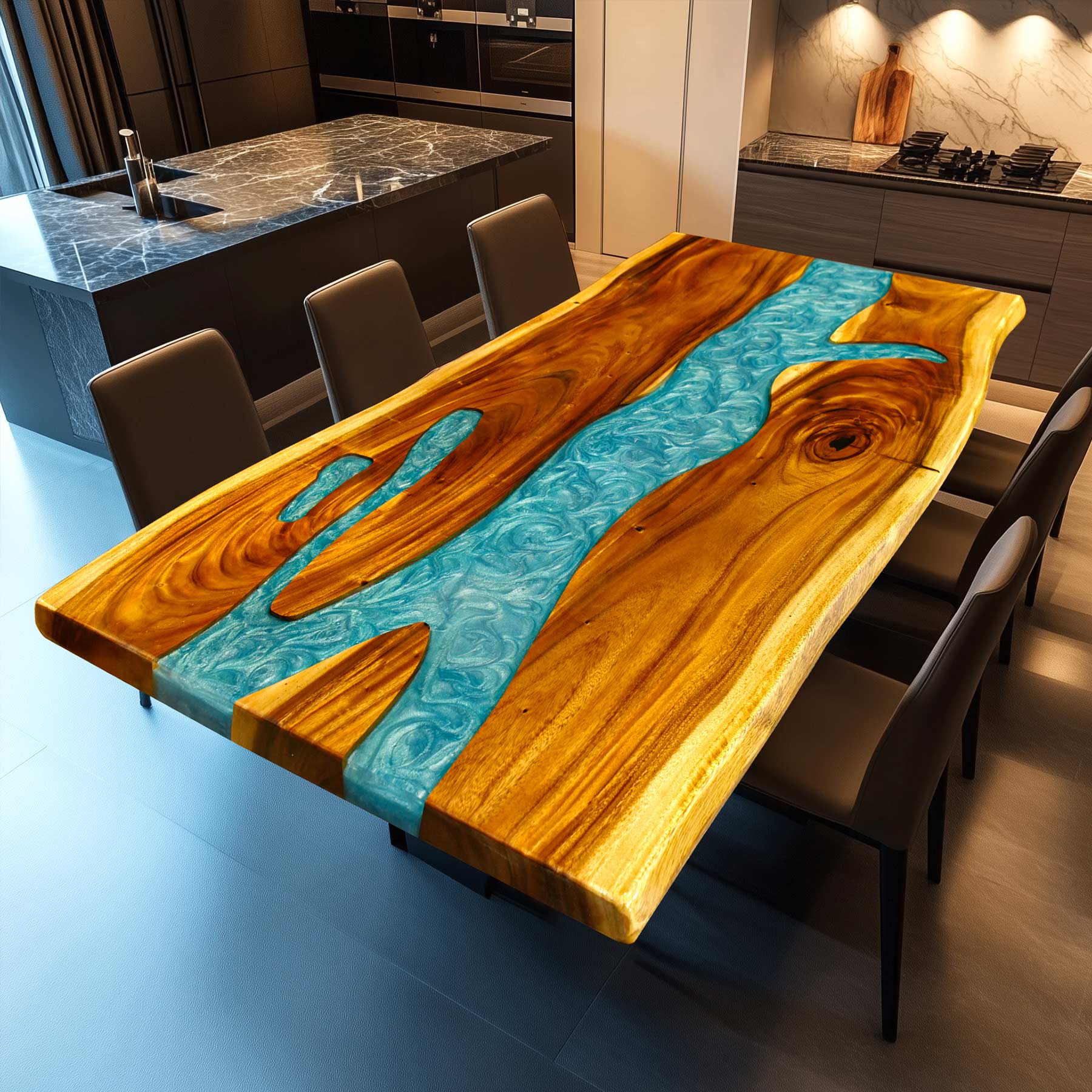 Kazanahome Walnut Peacock Blue Epoxy River Table Live Edge 36"Wx72"L