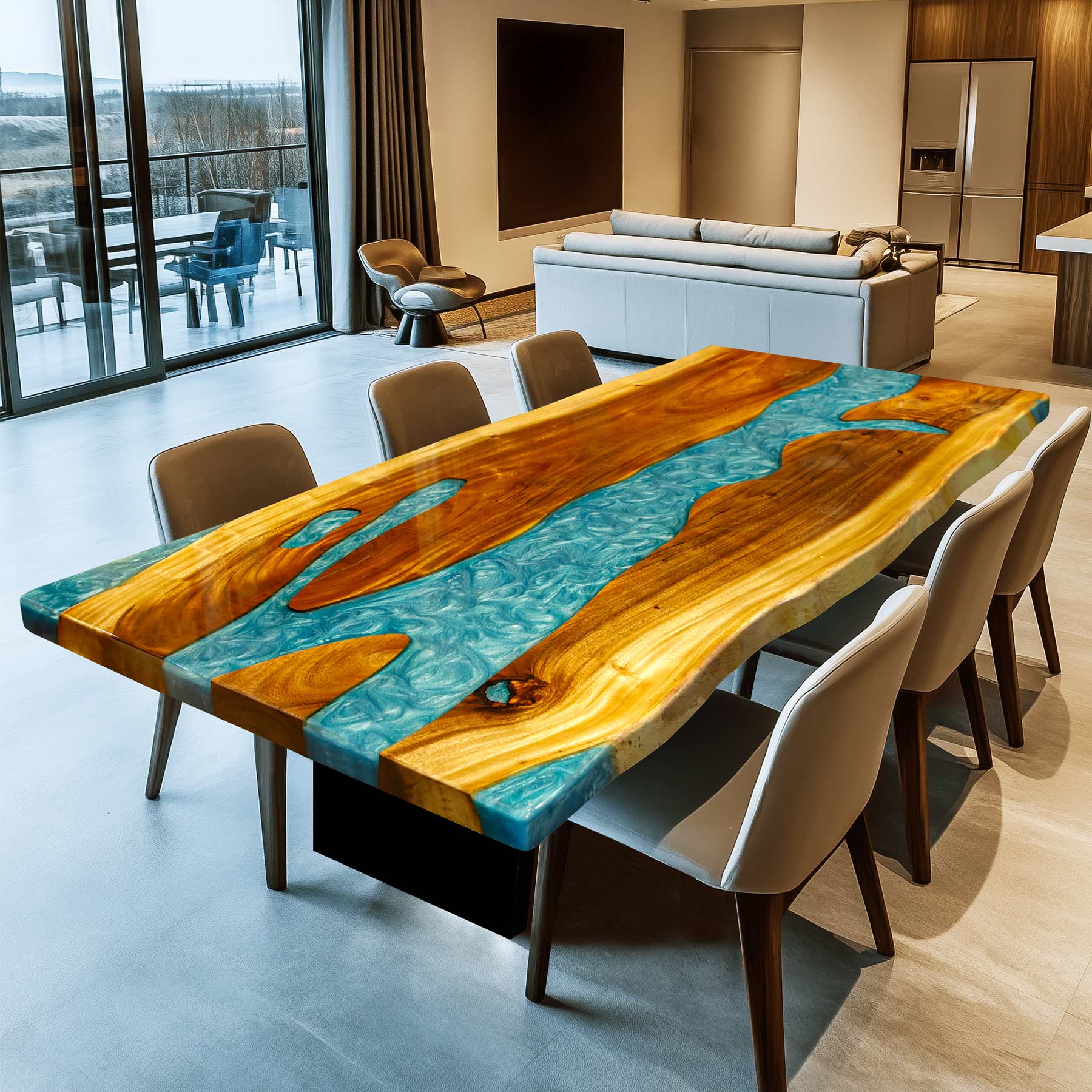Kazanahome Walnut Peacock Blue Epoxy River Table Live Edge 40 Wx84 L