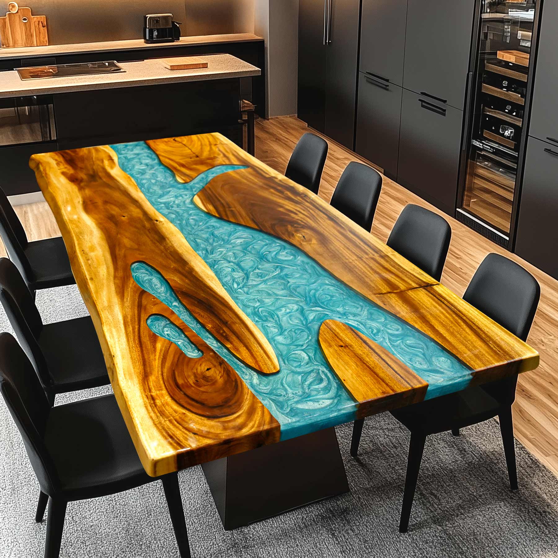Kazanahome Peacock Blue Epoxy Resin Walnut Wood Table