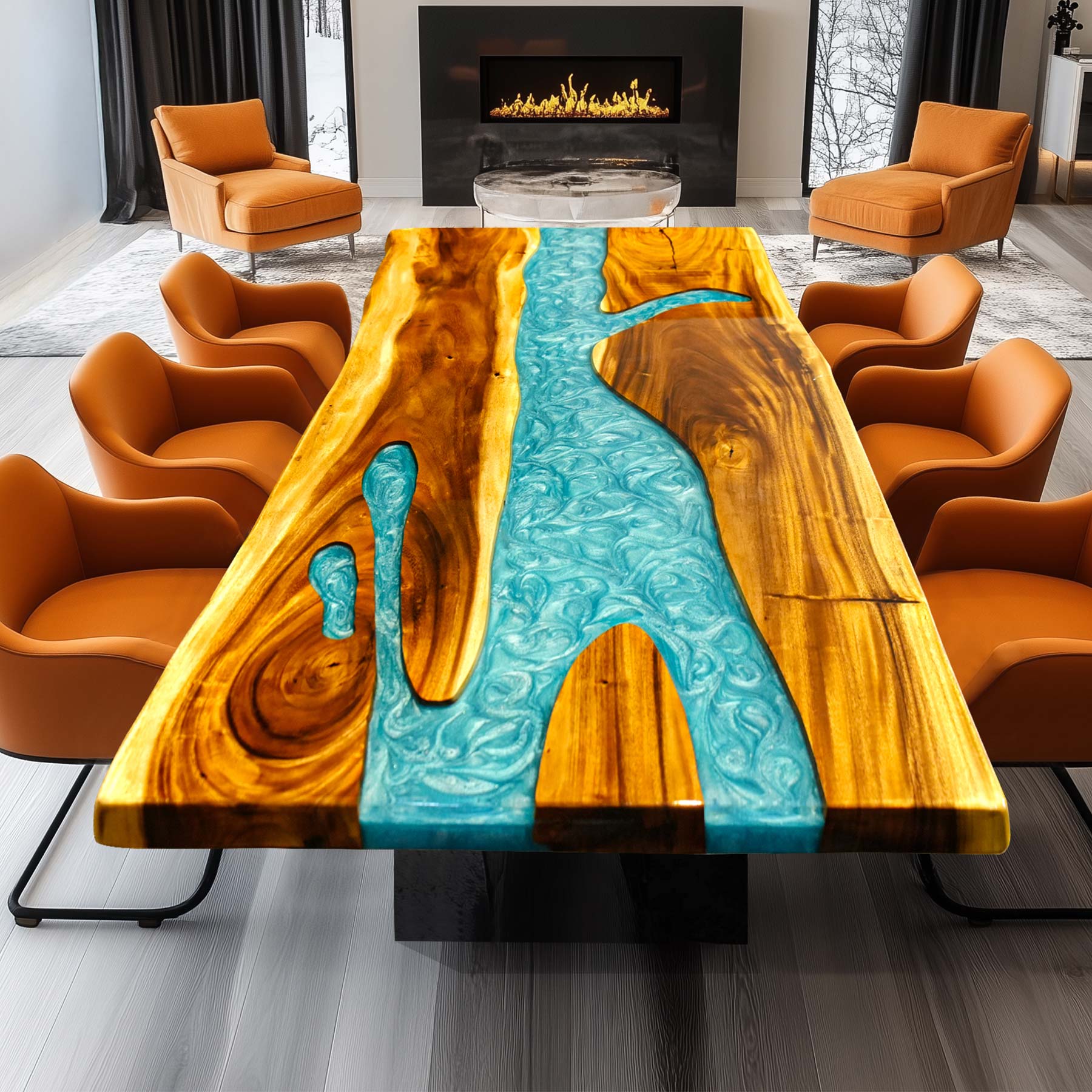 Kazanahome Walnut Wood Peacock Blue Epoxy Table