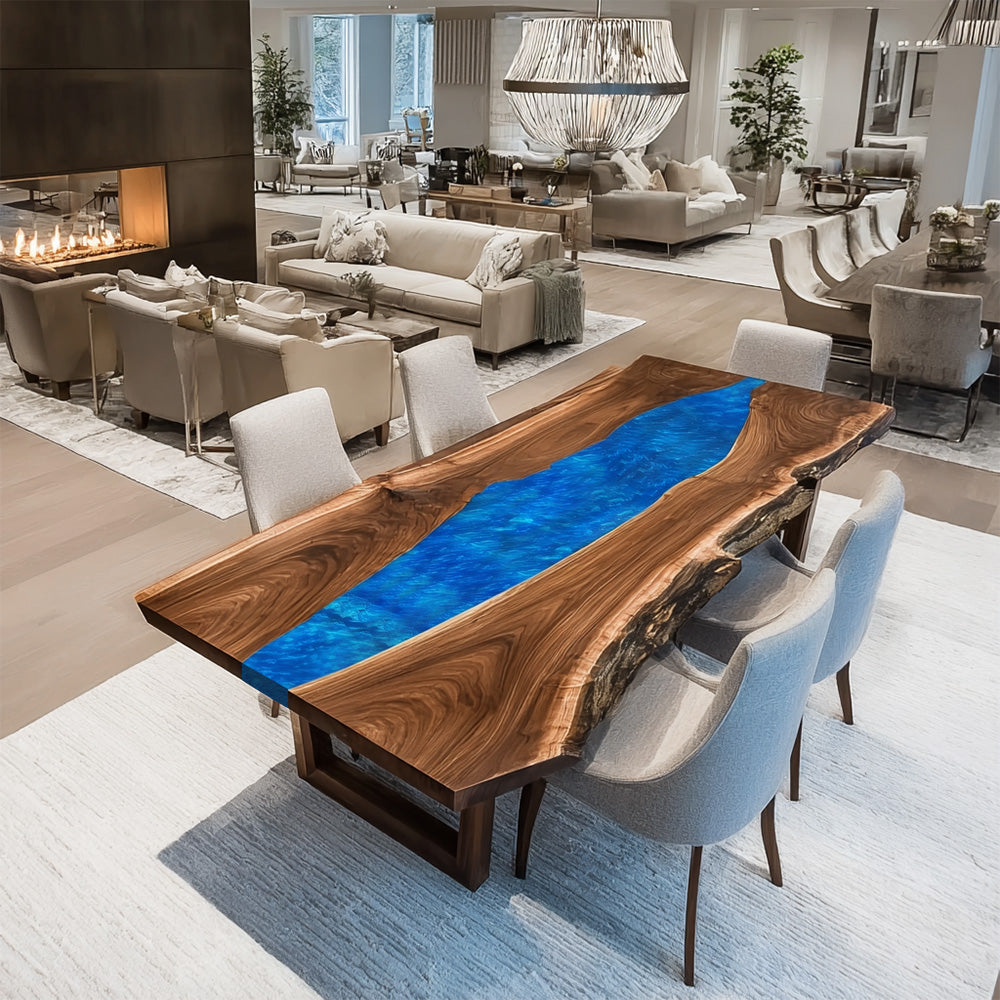 Custom Live Edge Blue River Resin Epoxy Table in Los Angeles