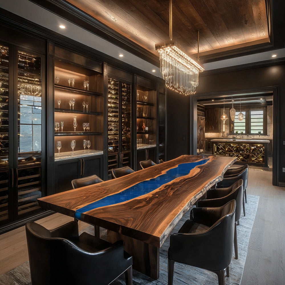 River Black Walnut Epoxy Table for Upscale Gastronomy Spaces in Seattle