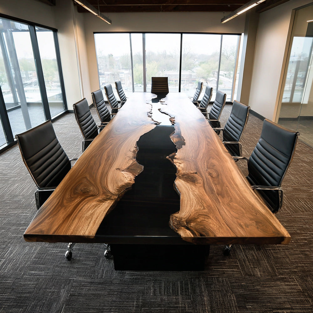Artisanal Live Edge Walnut Deep Black Conference Epoxy Table in Boston