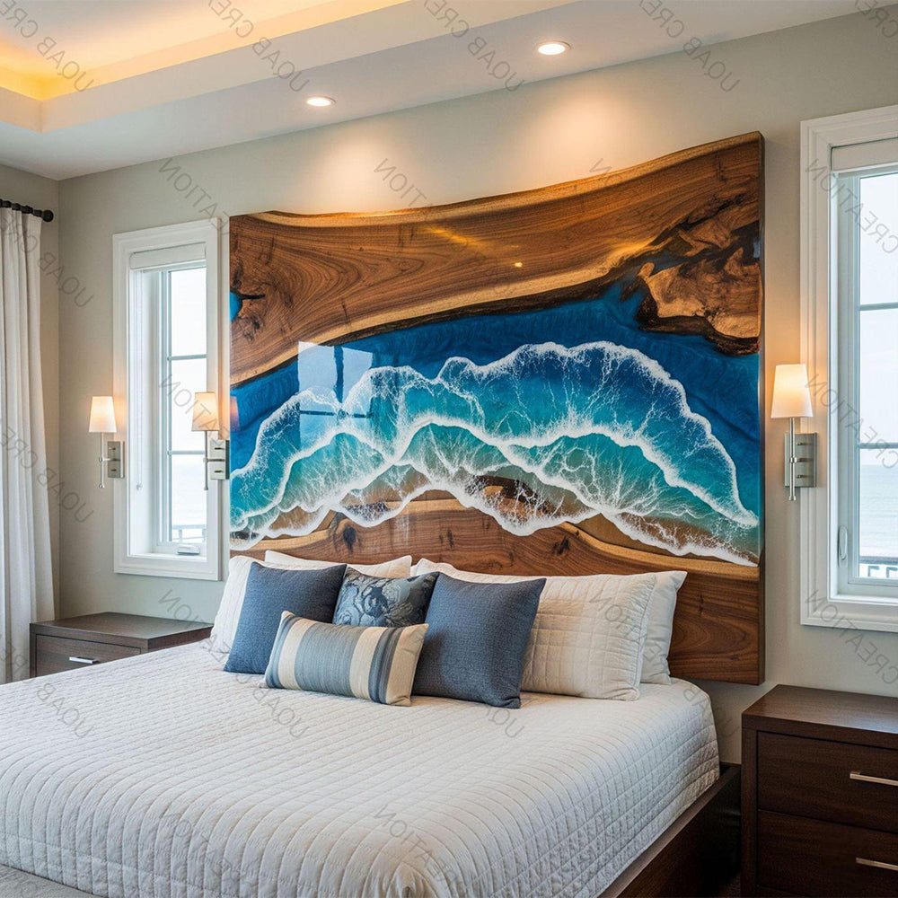 High-Impact Live Edge Walnut Ocean Wave Epoxy Headboard in Brooklyn