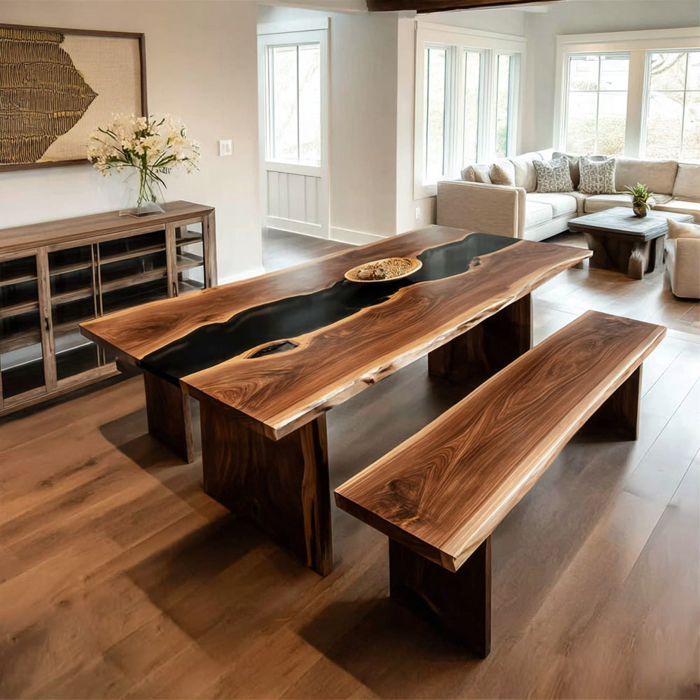 Luxury Black Walnut Dining Epoxy Table & Solid Wood Bench in Austin