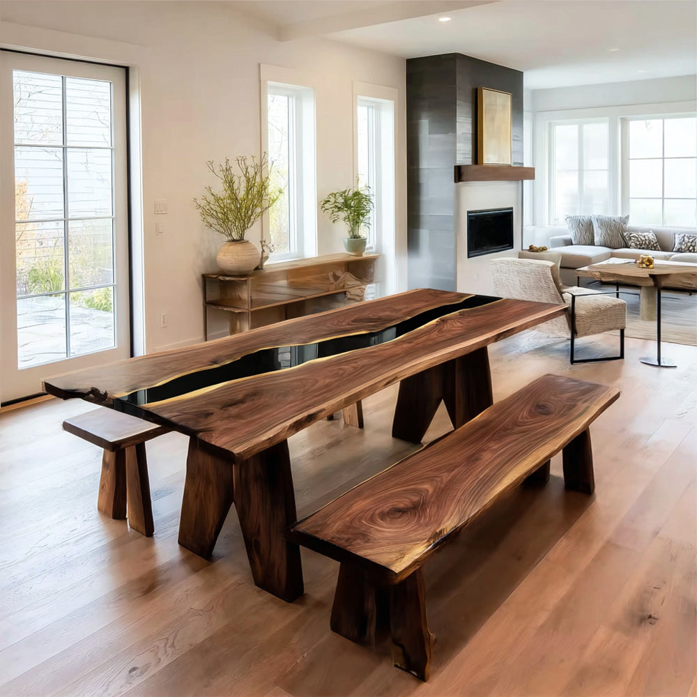 Luxury Black Walnut Set - Deep Black Epoxy Table & Solid Wood Benches in Austin