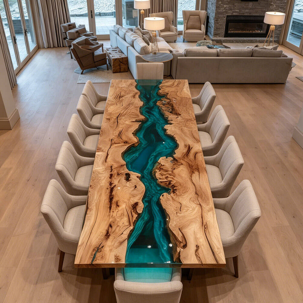 Luxury Symmetrical Olive Board Peacock Blue Transparent River Epoxy Table for Private Tasting Rooms in Dallas