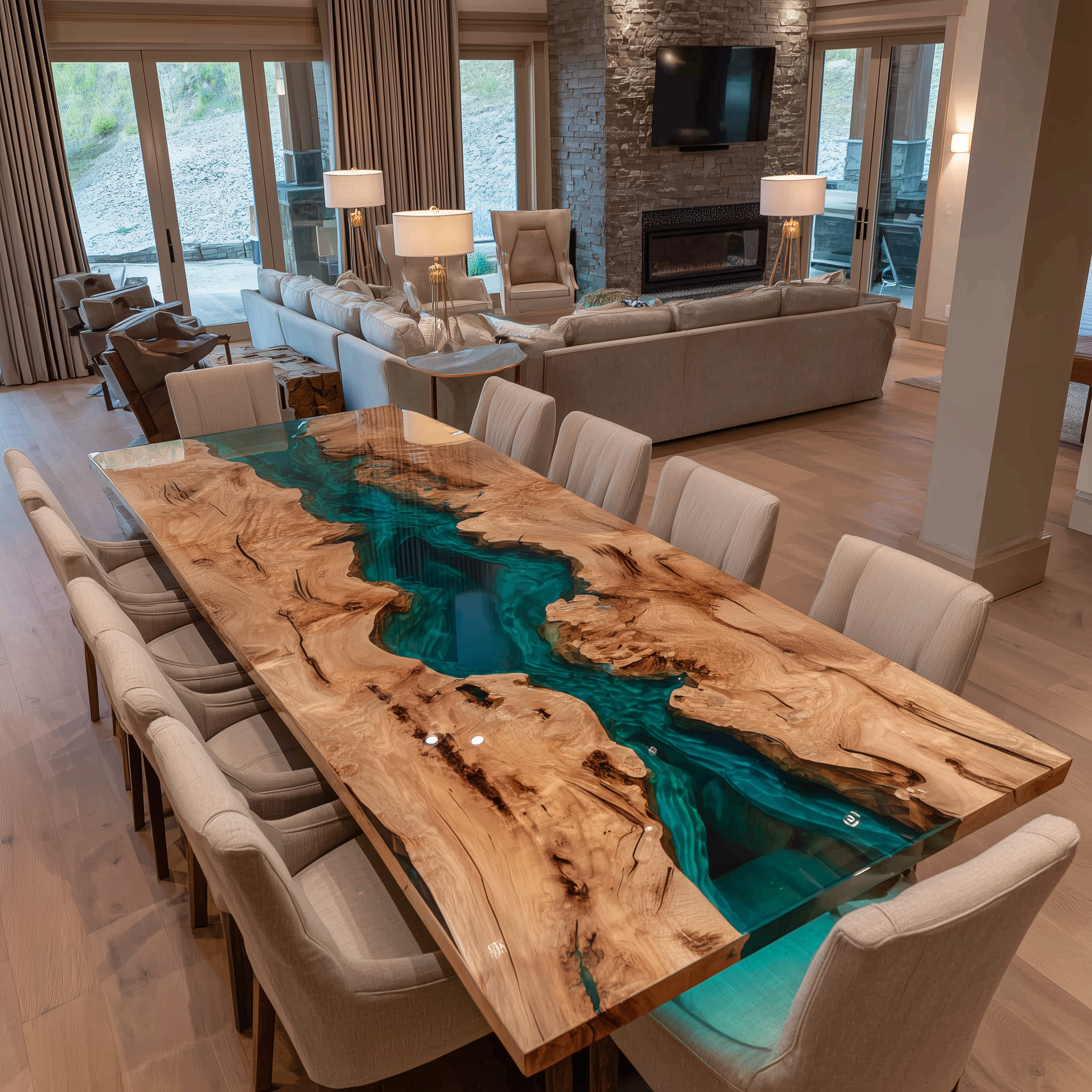 Luxury Symmetrical Olive Board Peacock Blue Transparent River Epoxy Table in Dallas