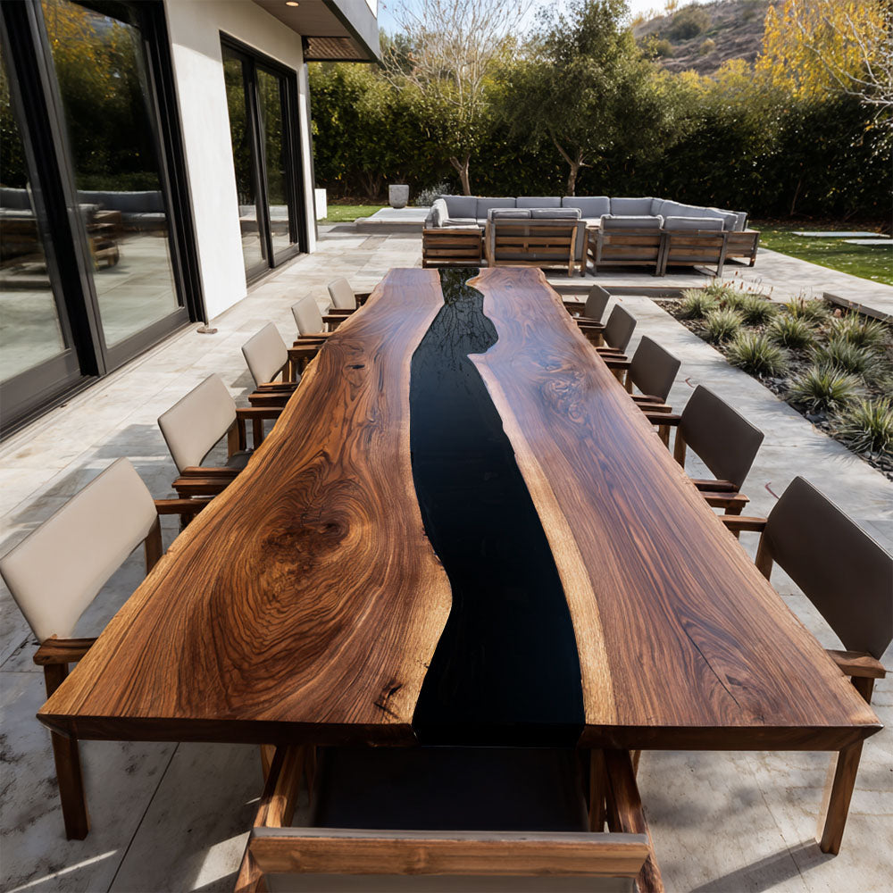 Luxury Terrace Black Walnut & Black Epoxy Table for Upscale Hospitality Party & Exclusive Penthouse in Manhattan