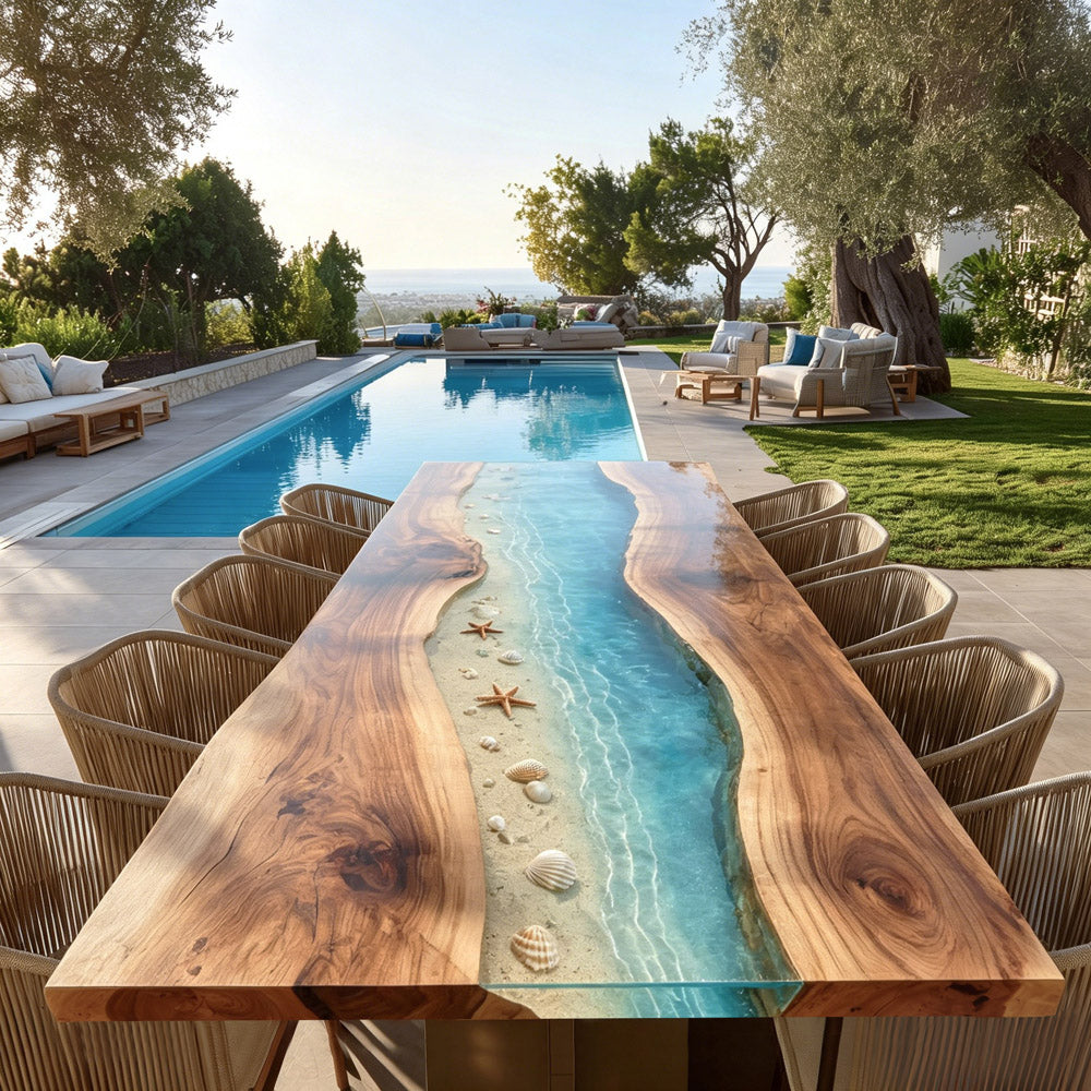 Walnut Epoxy Table - Sea Beach Wave Design for Airy Coastal Living Spaces in New York