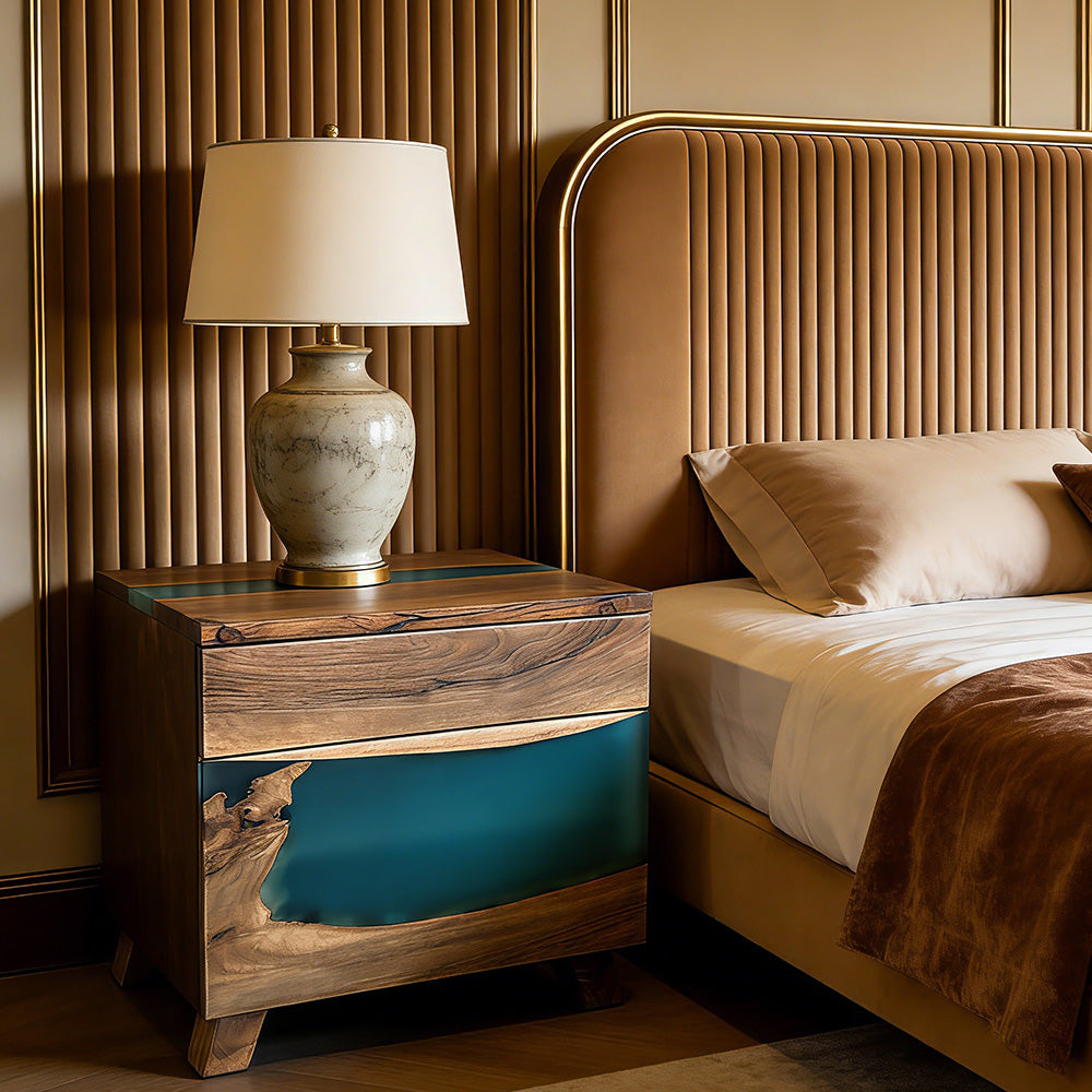 Matching Modern Walnut Wood Beside Epoxy Table Set in Seattle