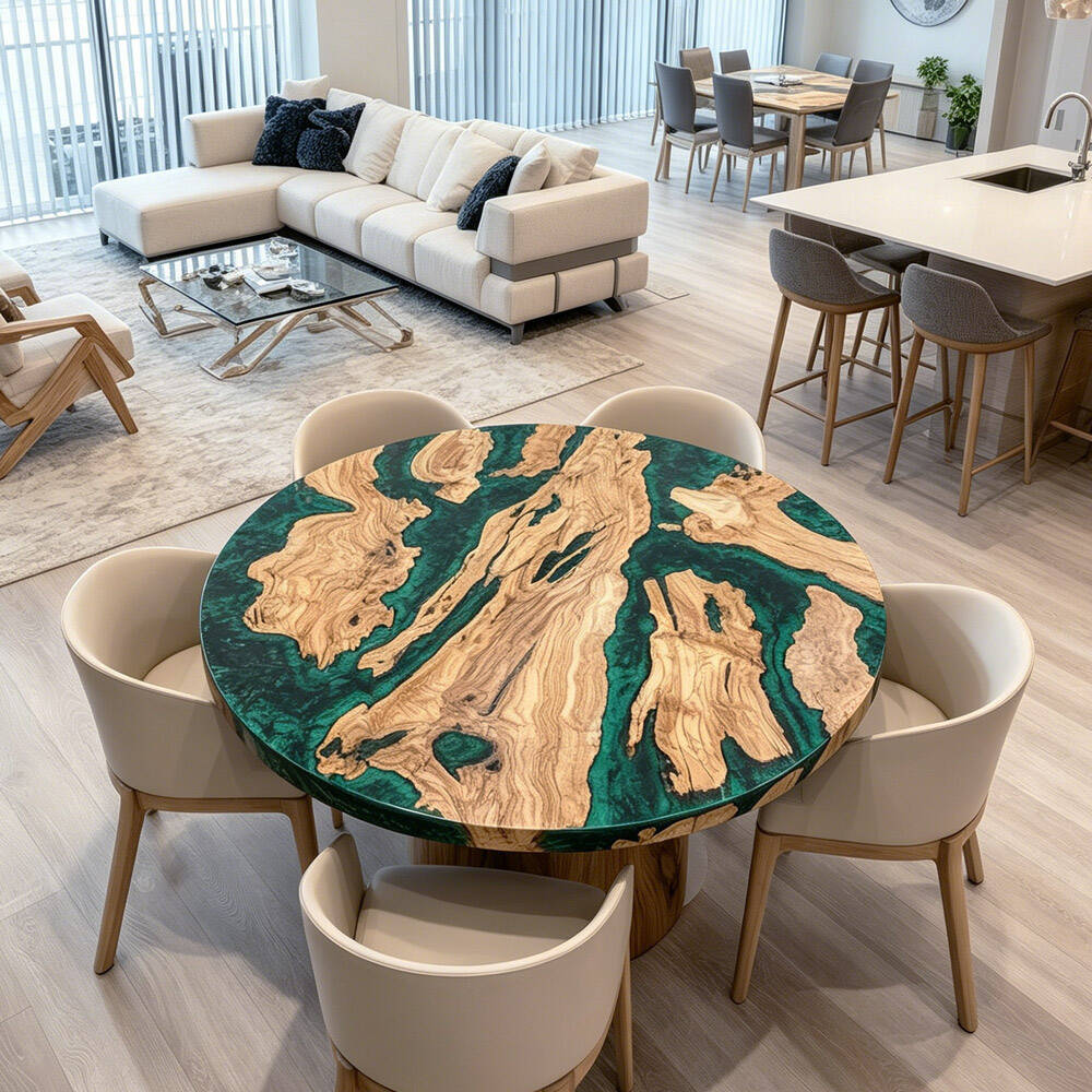 Mid-Century Versatile Round Epoxy Table Olive Green Resin River for Modern Kitchens
