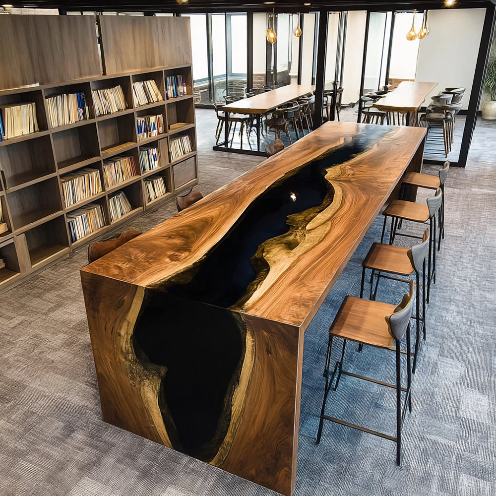 Modern Minimalist Black Walnut & Black Epoxy Waterfall Table – Artpiece for Luxury C-Suite Environments in Los Angeles