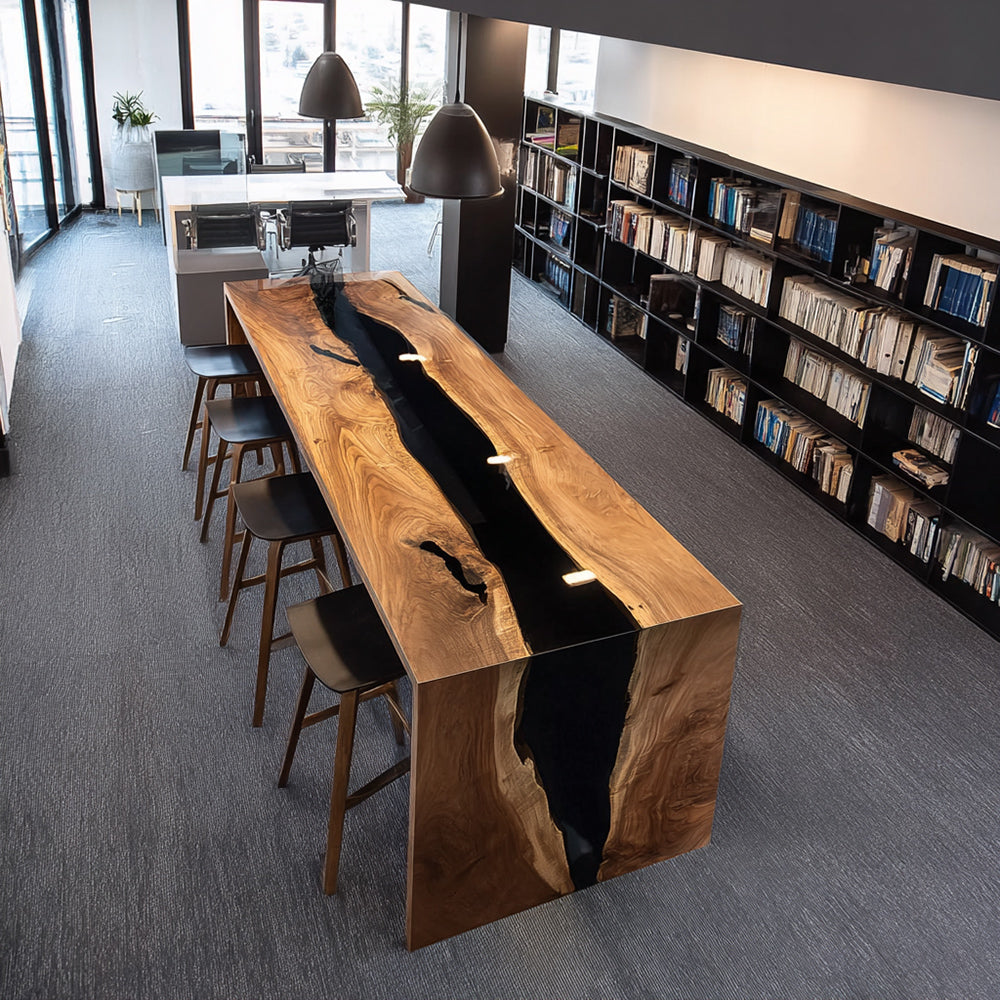 Modern Minimalist Black Walnut & Black Epoxy Waterfall Tables in Los Angeles