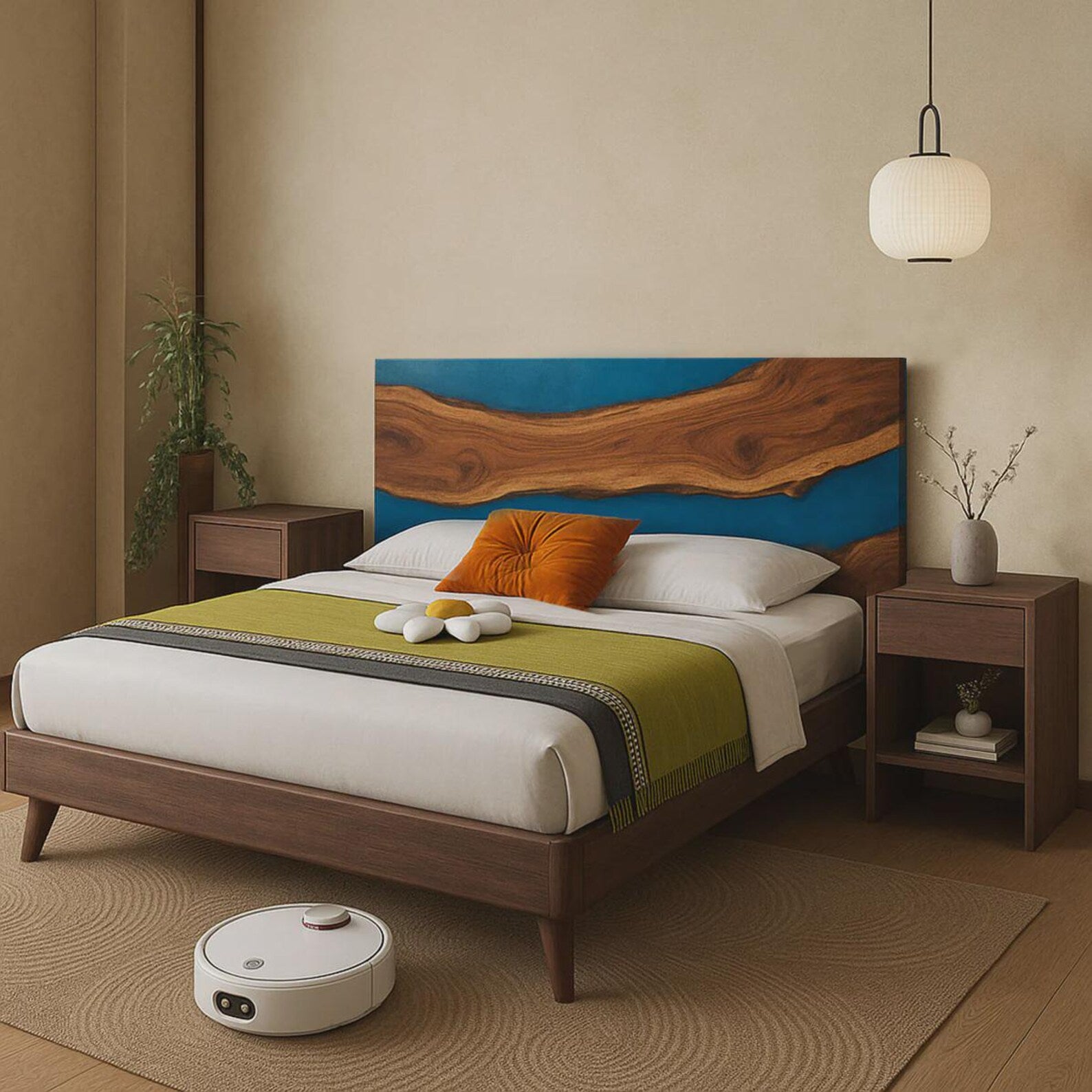 Modern Walnut & Blue Epoxy Headboard – Centerpiece for New York Style Lofts in Los Angeles