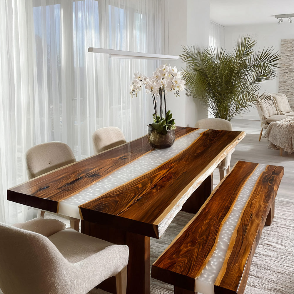 Nordic Chic Black Walnut River Table & Bench Ensemble in Los Angeles