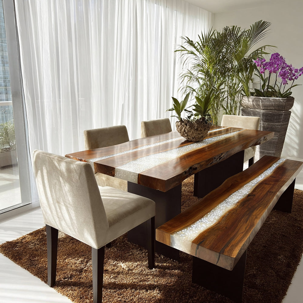 Black Walnut Pearl White River Table & Bench Ensemble in Los Angeles