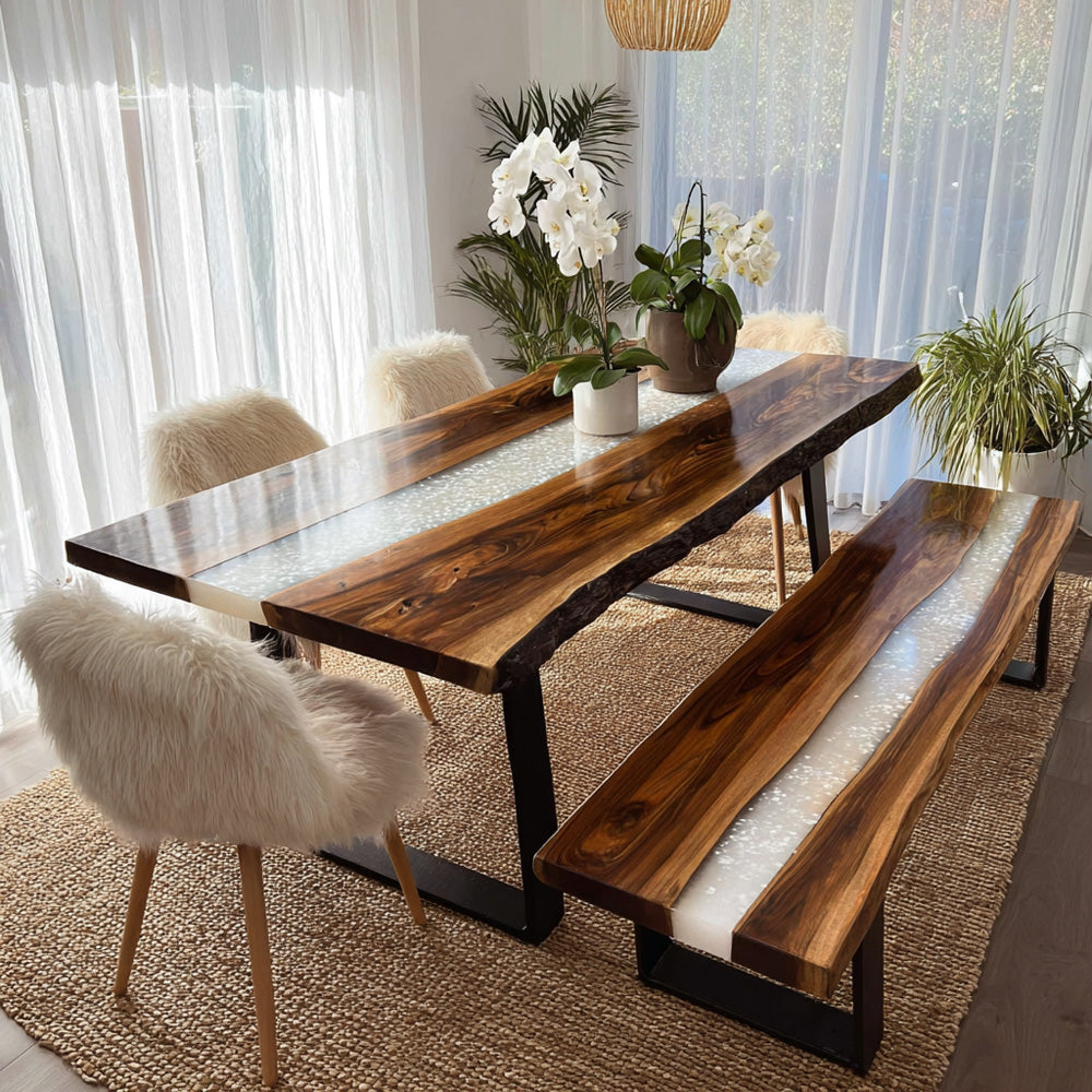 Nordic Chic Black Walnut Suite - Shimmering Pearl White River Table & Bench Ensemble in Los Angeles