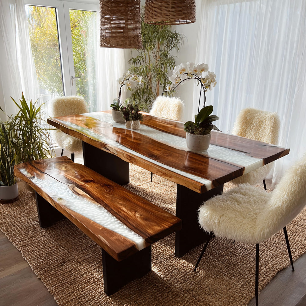 Black Walnut Suite - Shimmering Pearl White River Table & Bench Ensemble KCT89 in Los Angeles