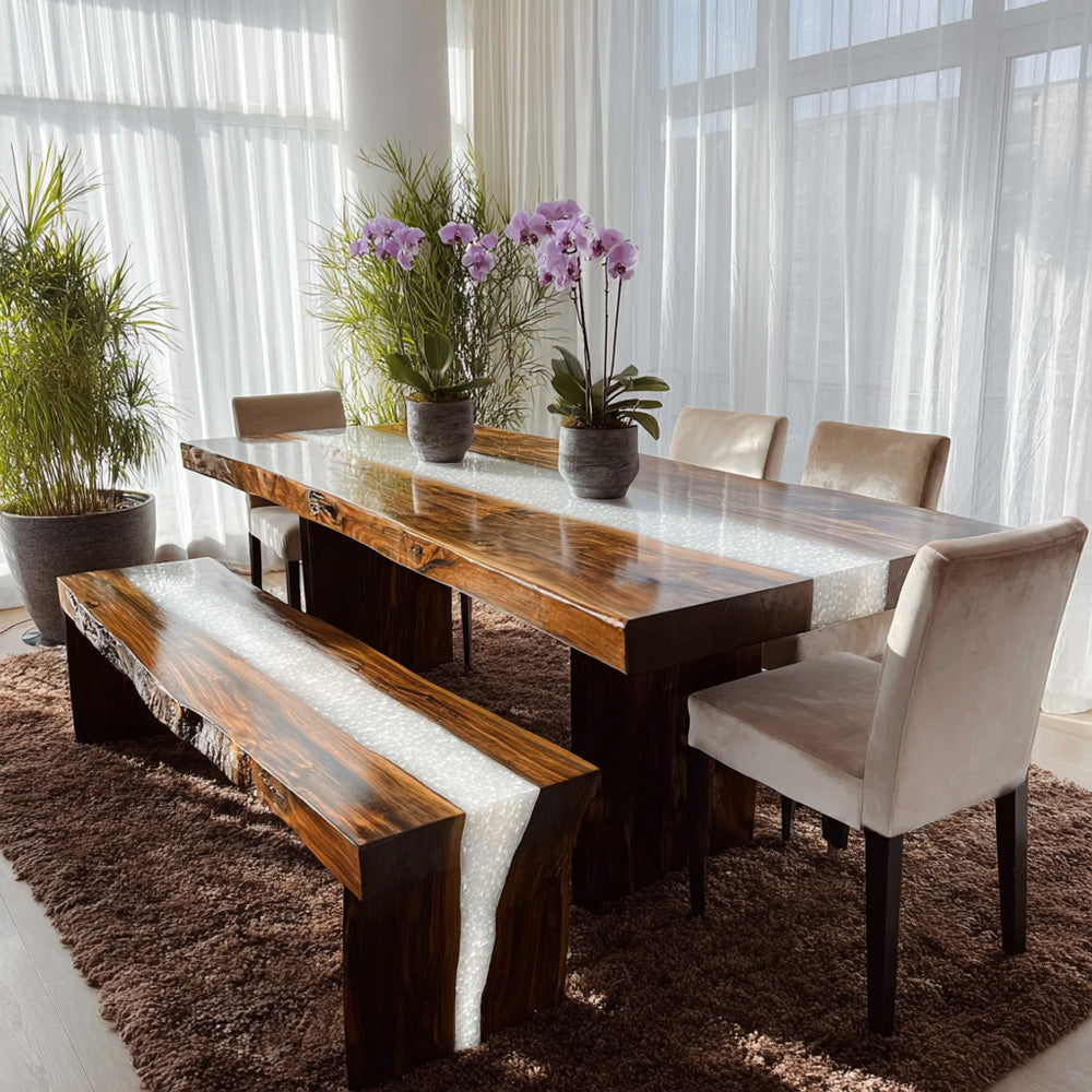 Black Walnut Pearl White River Table & Bench in Los Angeles