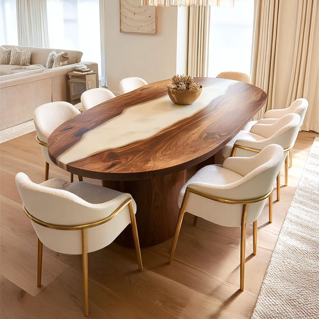 Oval Walnut & Pearl White Epoxy Table Luxury for Dining Rooms & Family Gatherings in Phoenix