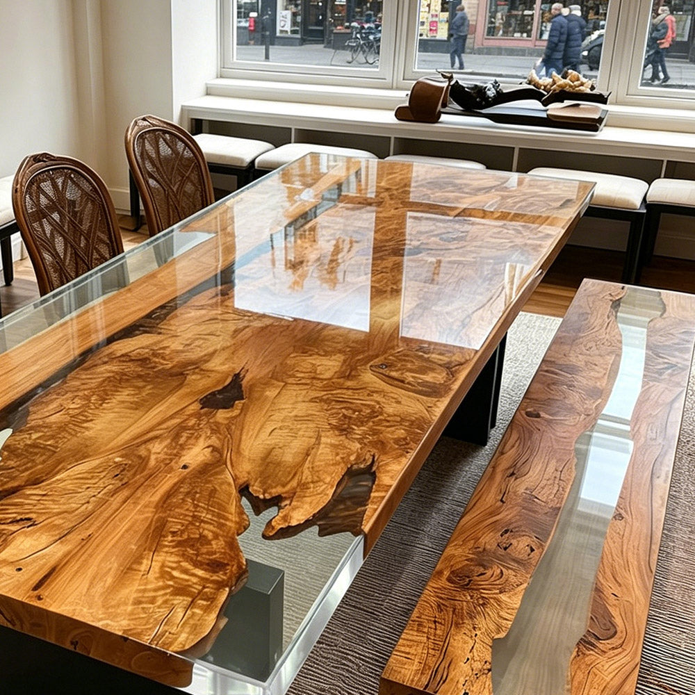 Vibrant Olive Wood & Crystal Clear Resin Dining Set - Optical Design for Gourmet Spaces & Modern Dining KCT86 in Los Angeles