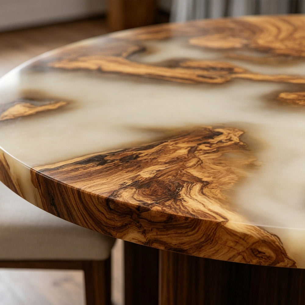 Custom Round Olive Wood Coffee and Dining Epoxy Table in Chicago