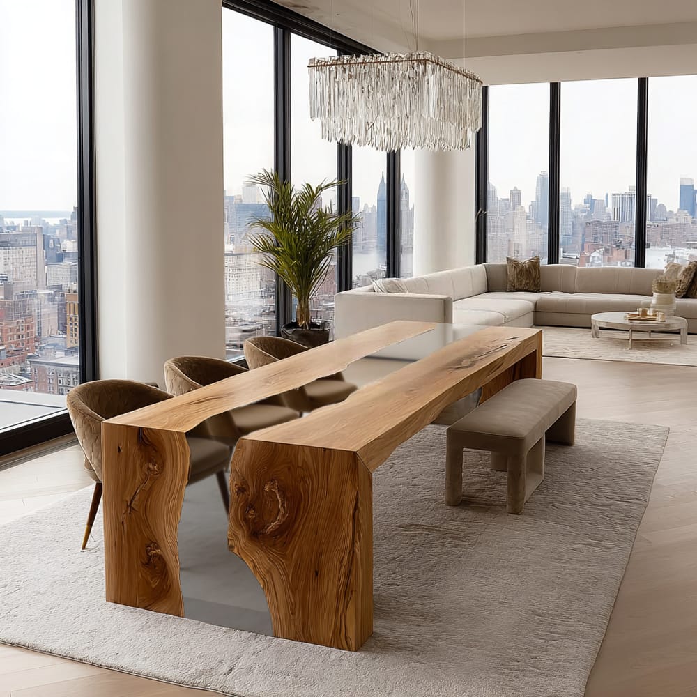 Luminous Olive Wood Waterfall Epoxy Table in San Francisco