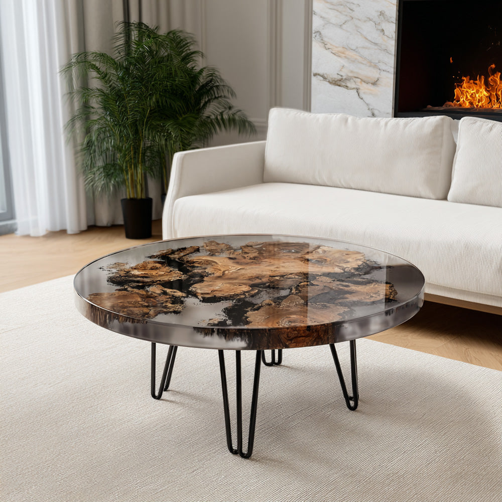 Round Olive Wood Black Resin Table in San Francisco