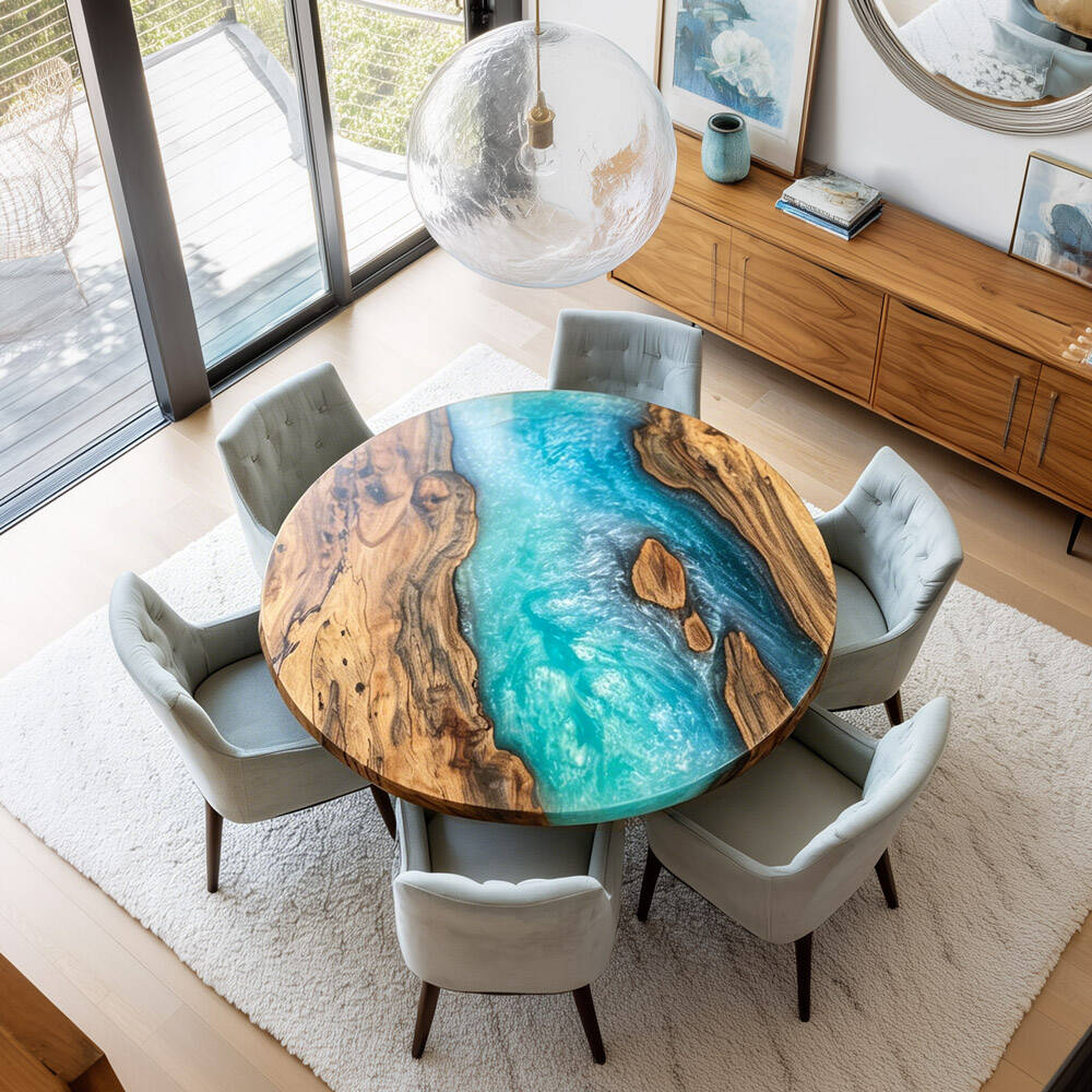 Olive Wood Deep Blue Ocean Wave Round Epoxy Table - Elegant Coastal Statement Piece for Luxury Beach Houses in Chicago