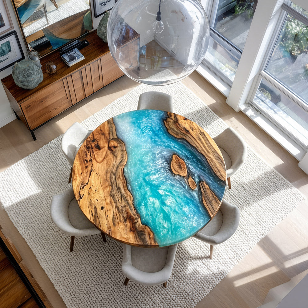 Olive Wood Deep Blue Ocean Wave Round Epoxy Table - Elegant Coastal Statement Piece in Chicago