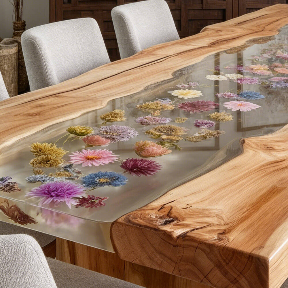 Olive Wood Epoxy Table - Transparent Clarity Resin with Floral Accentss in Hamptons