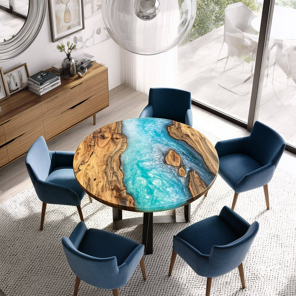Olive Wood Deep Blue Ocean Wave Round Epoxy Table in Chicago