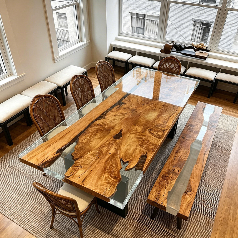 Olive Wood & Crystal Clear Resin Dining Set in Los Angeles