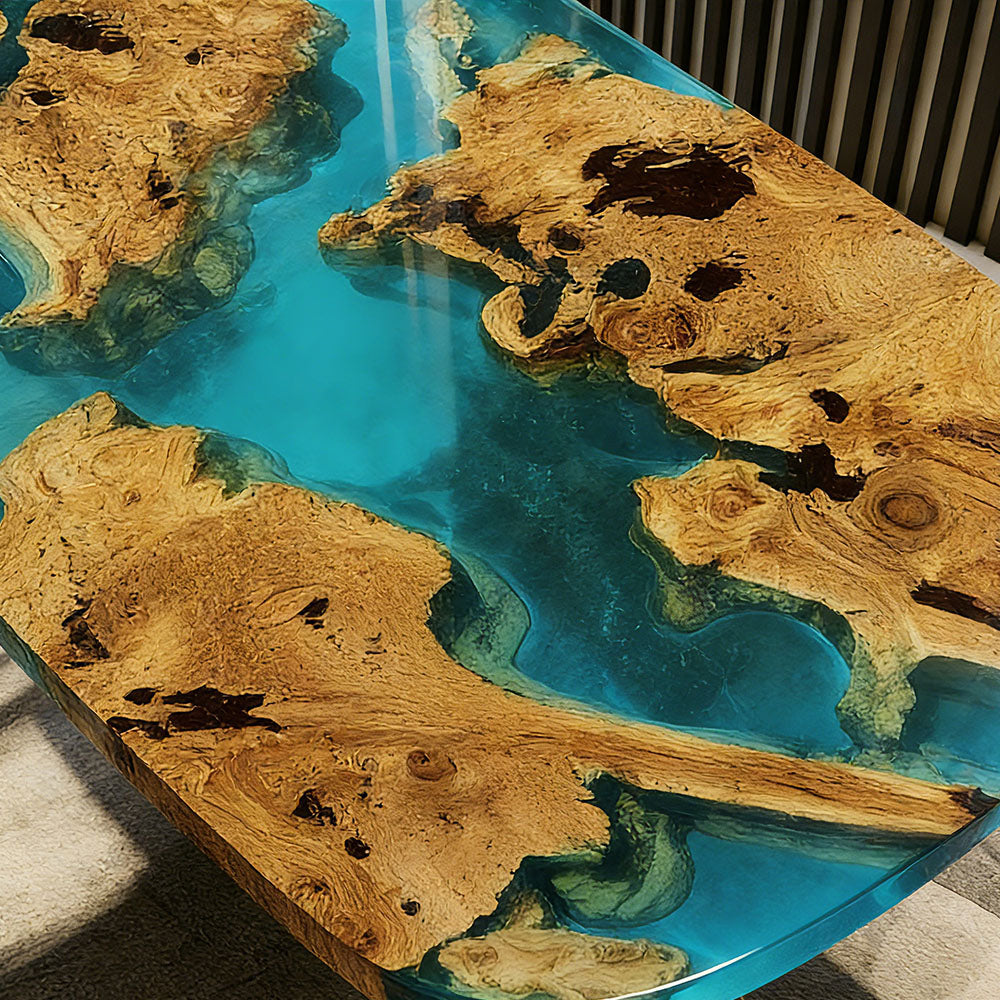Exotic Peacock Blue Resin Olive Wood Oval Epoxy Tables in California