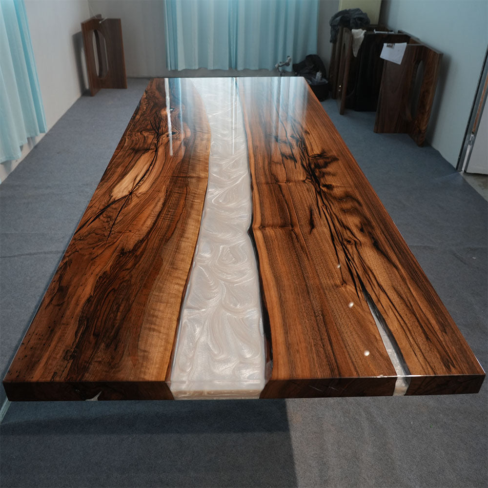 Artisanal Black Walnut Wood Pearlwhite Shimmer Epoxy Table - for Upscale Dining Rooms in Boston