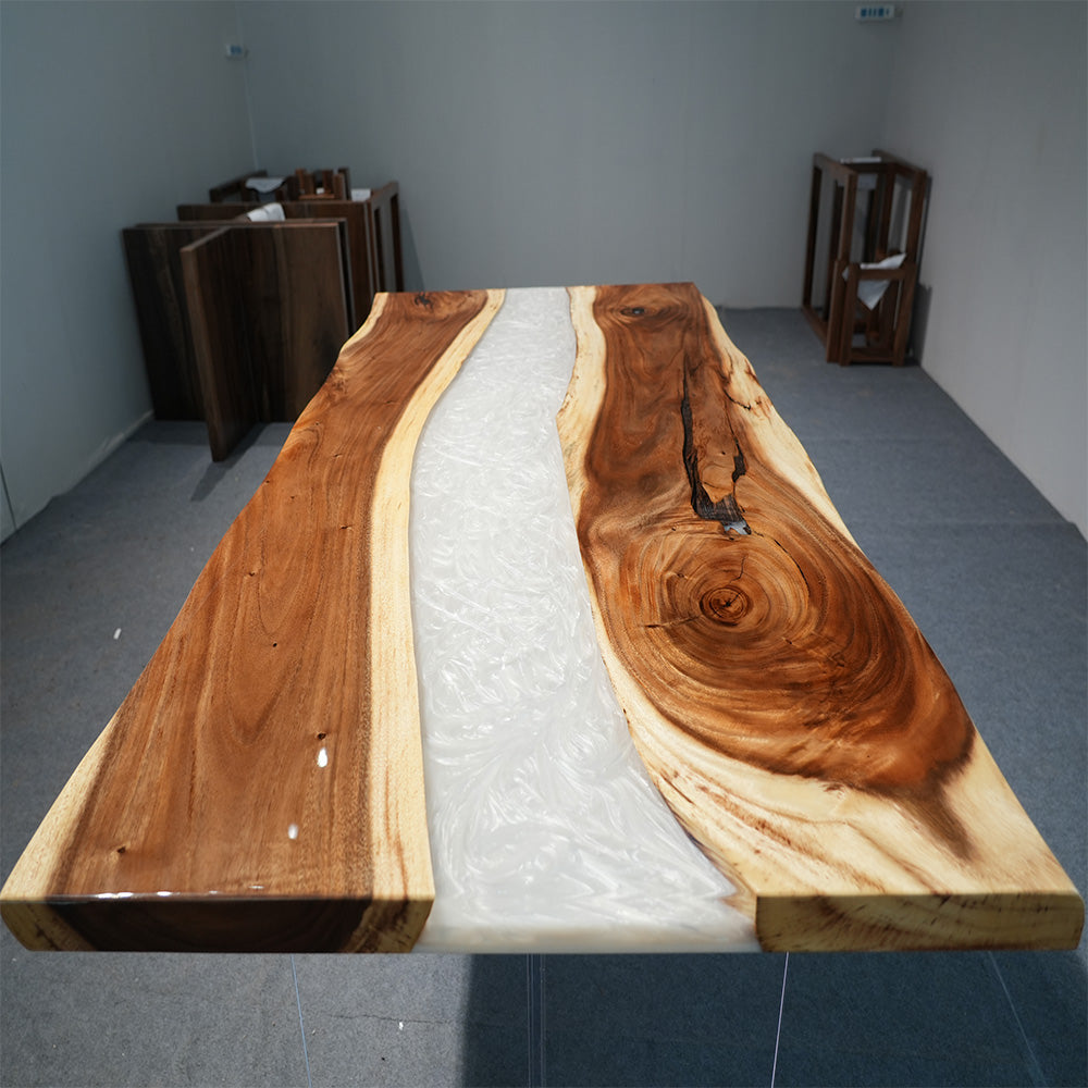 Artisanal Black Walnut Wood Pearlwhite Shimmer Epoxy Table - for Upscale Dining Rooms in Boston