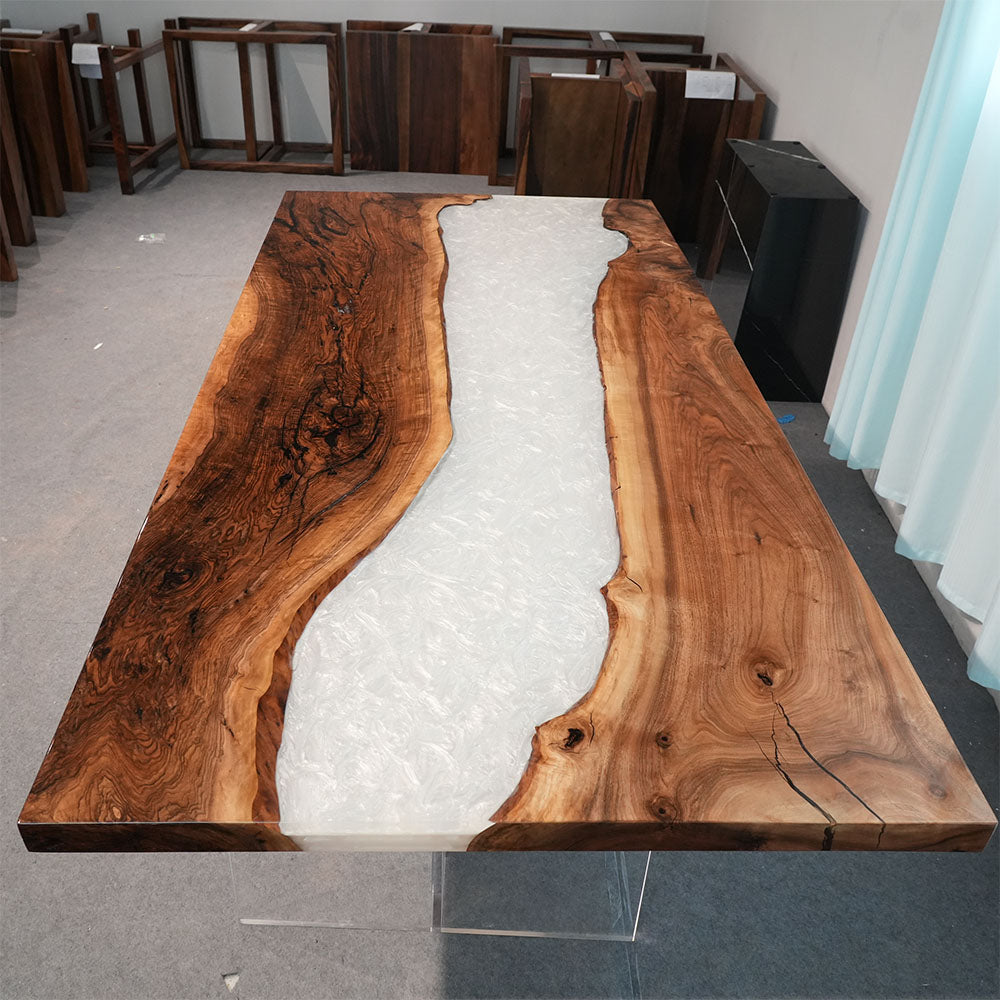 Artisanal Black Walnut Wood Pearlwhite Shimmer Epoxy Table - for Upscale Dining Rooms in Boston